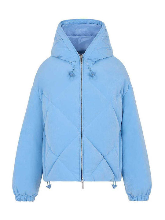 Emporio Armani Women's Short Puffer Jacket for Winter with Hood Blue Ortensia