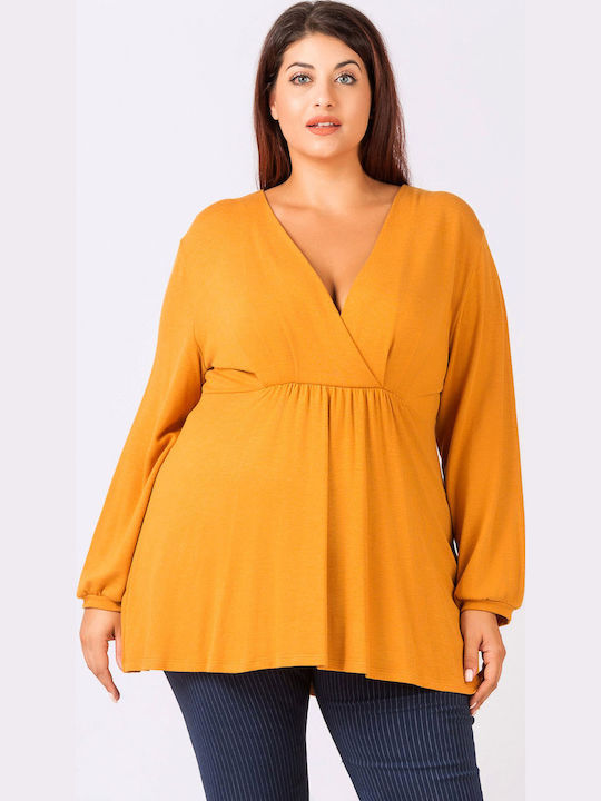 Women's Tunic Dress Long Sleeve with V Neckline Yellow