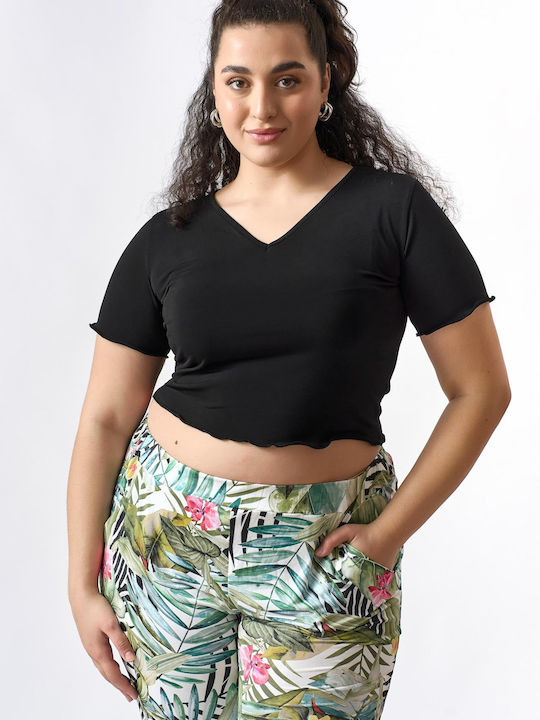 Jucita Women's Summer Crop Top Short Sleeve with V Neckline Black