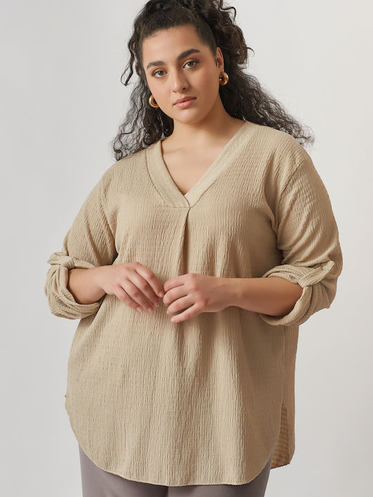 Jucita Damen Bluse Langärmelig mit V-Ausschnitt Beige