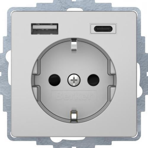 Hager Μονή Χωνευτή Πρίζα Ρεύματος με 2 Θύρες USB Γκρι