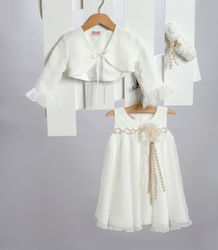 New Life White Baptism Outfit with Hair Accessories , Cardigan & Dress 3pcs