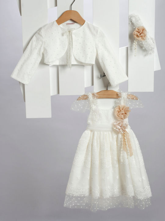 New Life Ecru Baptism Clothing Set with Dress , Hair Accessories & Cardigan made of Lace 3pcs