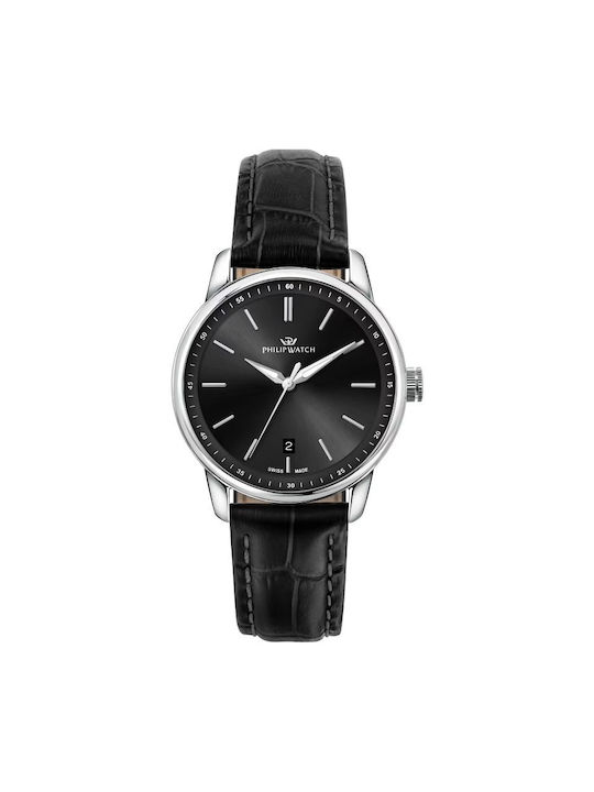 Philip Watch Ρολόι Μπαταρίας με Μαύρο Δερμάτινο Λουράκι