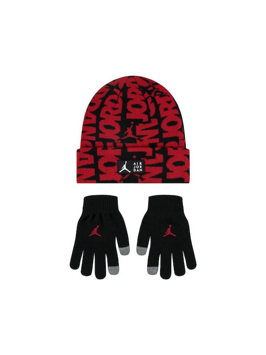 Jordan Kids Beanie Set with Gloves Knitted Red