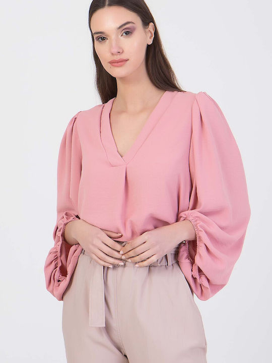 Sushi's Closet Damen Bluse Langärmelig mit V-Ausschnitt Rosa