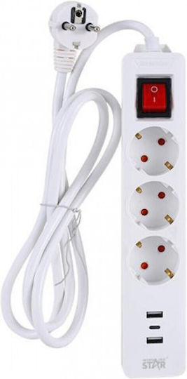 Winstar Bandă de alimentare Securitate 3 Prize cu 2 USB-A, 1 USB-C, Comutator și Cablu 2m