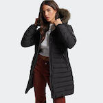 Superdry Ovin Fuji Women's Long Puffer Jacket for Winter with Hood Black