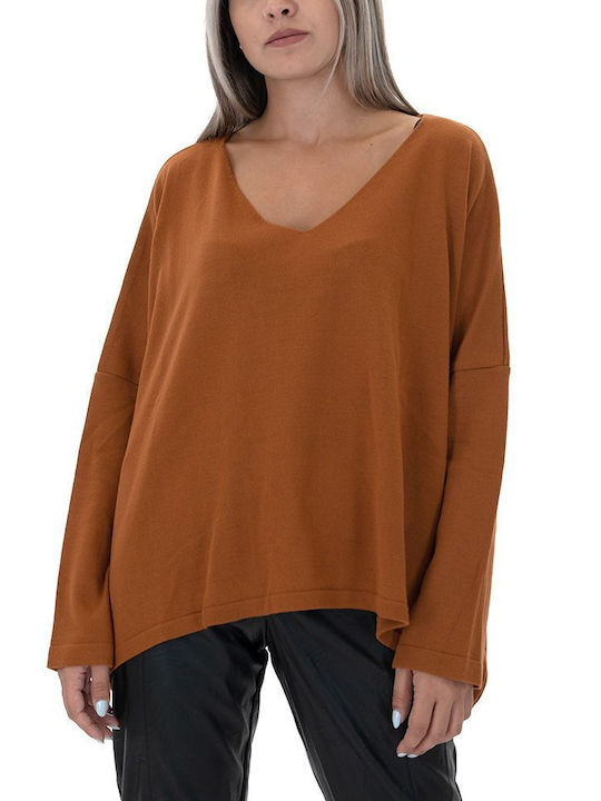 MY T Women's Long Sleeve Pullover with V Neck Brown