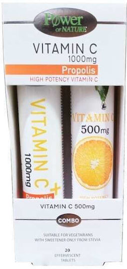 Power Of Nature Βιταμίνη C Vitamin C 1000mg Propolis 20 αναβράζοντα δισκία & Vitamin C 500mg 20 αναβράζοντα δισκία για Ενίσχυση του Ανοσοποιητικού, τo Δέρμα & Αντιοξειδωτική δράση 1000mg Πορτοκάλι