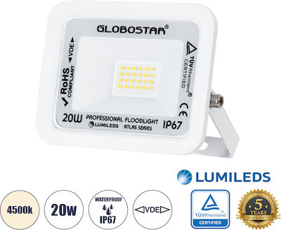 GloboStar Atlas Στεγανός Προβολέας LED 20W Φυσικό Λευκό 4500K IP67