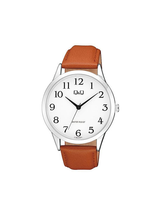 Q&Q Watch Battery with Brown Leather Strap