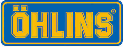 Öhlins sticker, sticker "ÖHLINS" yellow/blue length 74 mm x width 28 mm