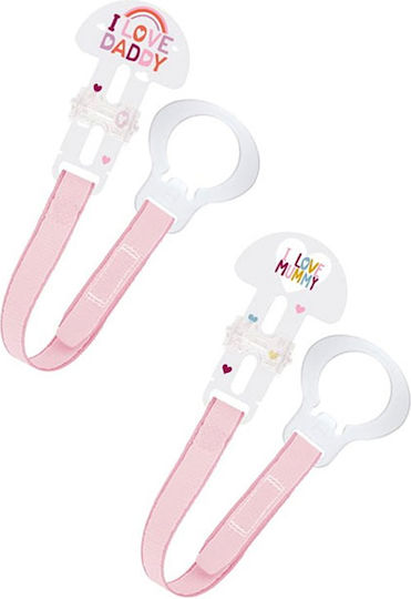 Mam Pacifier Ribbon Set Fabric I Love Daddy / Mommy Pink 2 Pieces