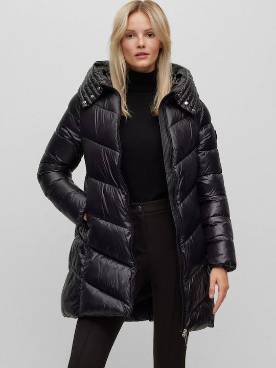 Hugo Boss Women's Long Puffer Jacket for Spring or Autumn with Hood Black