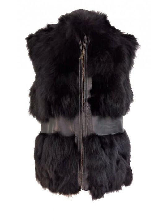 Ageridis Leather Women's Sleeveless Short Fur Black