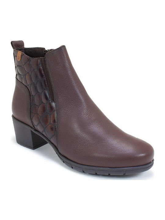 Leather Women's Ankle Boots with Medium Heel Brown