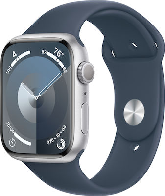 Apple Watch Series 9 Aluminium 45mm Waterproof with Heart Rate Monitor (Silver with Storm Blue Sport Band (S/M))