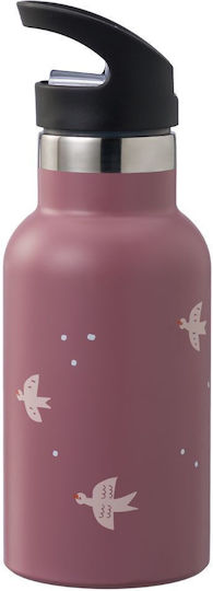 Fresk Kids Water Bottle Thermos Stainless Steel with Straw Swallow 350ml with Black Cap