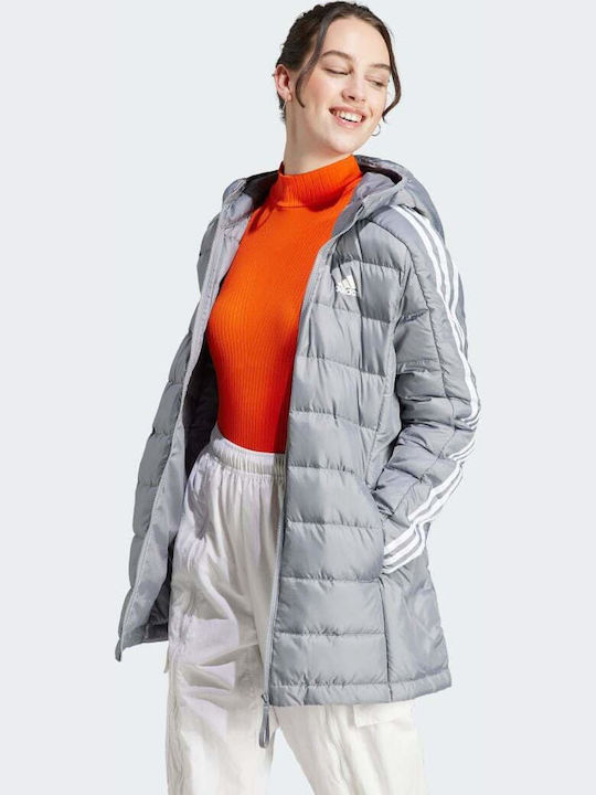 Essentials 3-stripes Light Women's Long Puffer Jacket for Winter with Hood Gray