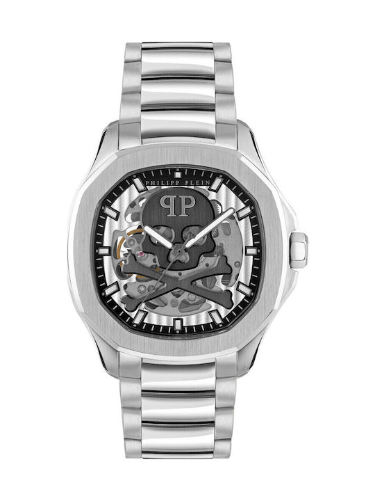 Philipp Plein Skeleton Herrenuhr 42mm Automatisch mit Silbernem Metall-Armband