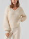 Vero Moda Women's Long Sleeve Sweater with V Neckline Beige