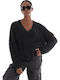 Deeann Cloud Fluff V Neck Women's Long Sleeve Sweater Woolen with V Neckline Black