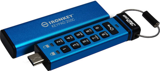 Kingston IronKey Keypad 200C 32GB USB 3.2 Stick με σύνδεση USB-C Μπλε