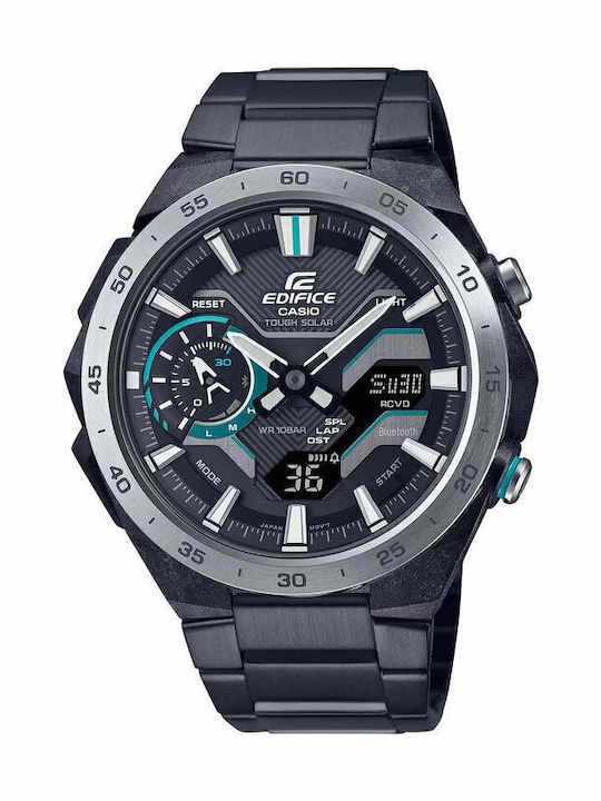 Casio Edifice Ανδρικό Ρολόι Χρονογράφος Solar με Μαύρο Μεταλλικό Μπρασελέ