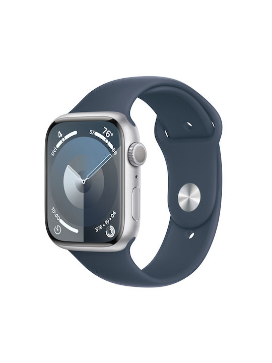 Apple Watch Series 9 Aluminium 45mm Waterproof with Heart Rate Monitor (Silver with Storm Blue Sport Band (S/M))