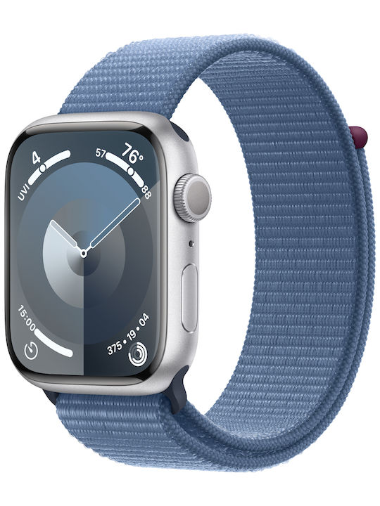 Apple Watch Series 9 Aluminium 45mm Waterproof with Heart Rate Monitor (Silver with Winter Blue Sport Loop)