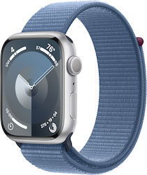 Apple Watch Series 9 Алуминий 45мм Водоустойчив с Пулсомер (Сребърен със зимен син спортен шлейф)