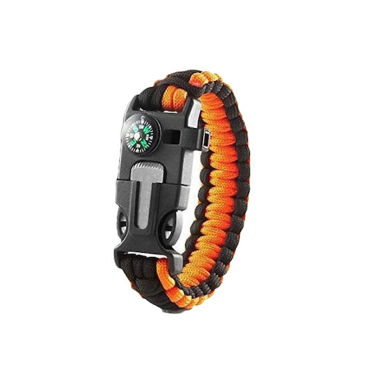 4 1 Survival Kit Bracelet with Compass Knife Sparkler & Whistle Orange