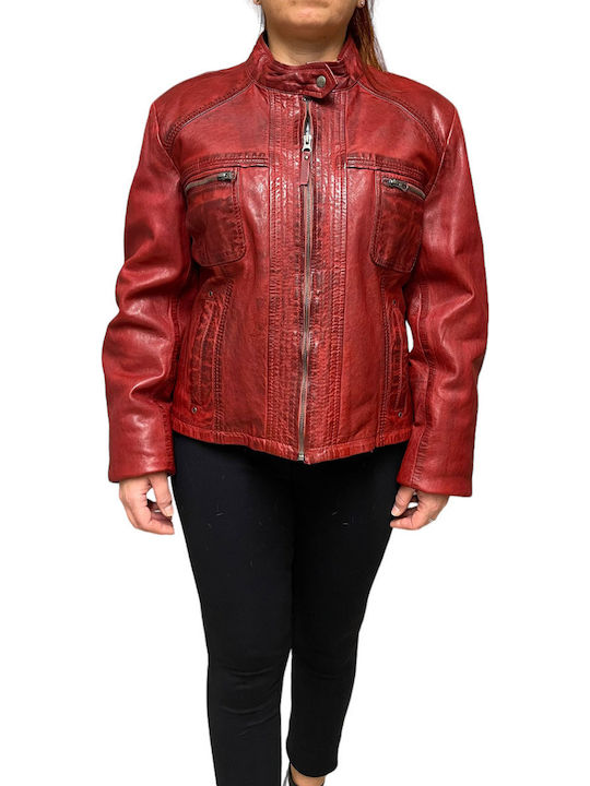 Women's Short Lifestyle Leather Jacket for Winter Red