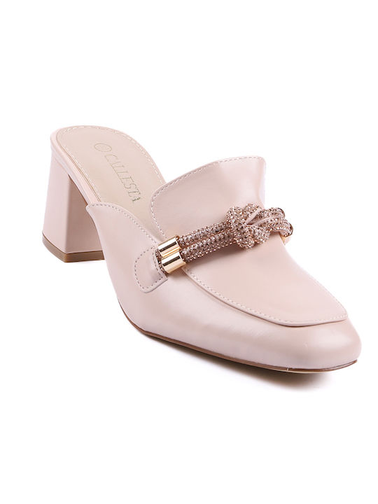 Callesta Mules mit Chunky Hoch Absatz in Beige Farbe