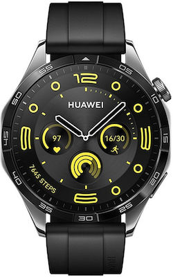 Huawei Watch GT 4 Stainless Steel 46mm Αδιάβροχο με Παλμογράφο (Black Fluoroelastomer Strap)