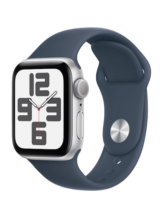 Apple Watch SE 2023 Aluminiu 40mm Rezistent la apă cu pulsometru (Argintiu cu bandă sport albastru furtună (S/M))