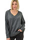 Potre Women's Long Sleeve Sweater with V Neckline Gray