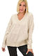 Potre Women's Long Sleeve Sweater with V Neckline Beige