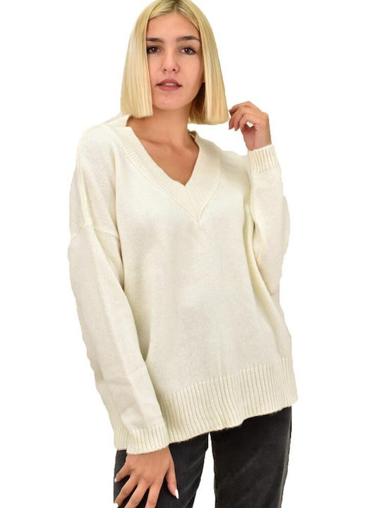 Potre Damen Langarm Pullover mit V-Ausschnitt Beige