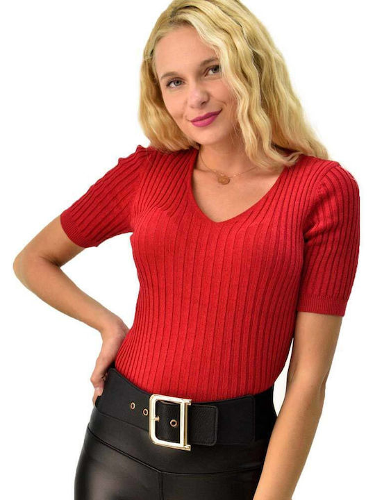 Potre Women's Sweater with V Neckline Red