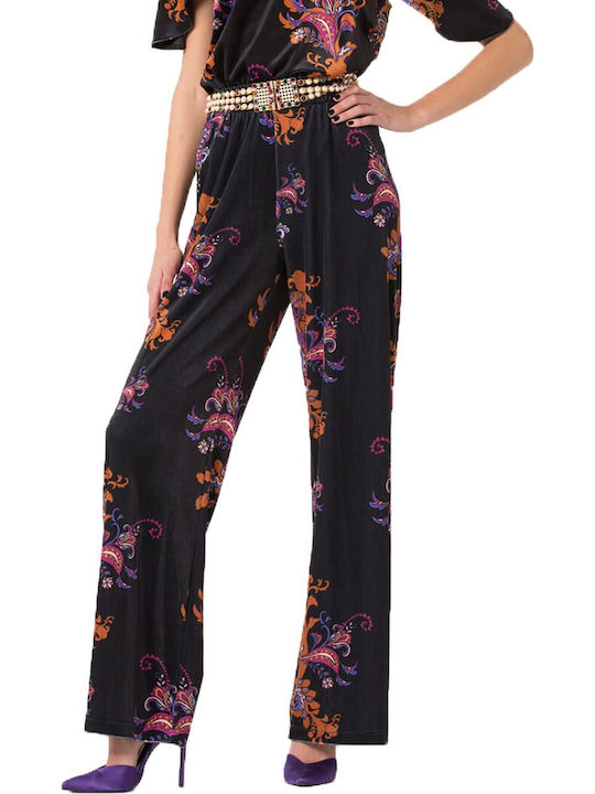 Matis Fashion Matis Damen Samt Palazzo-Hose mit Gummizug in Weiter Linie Blumen Schwarz