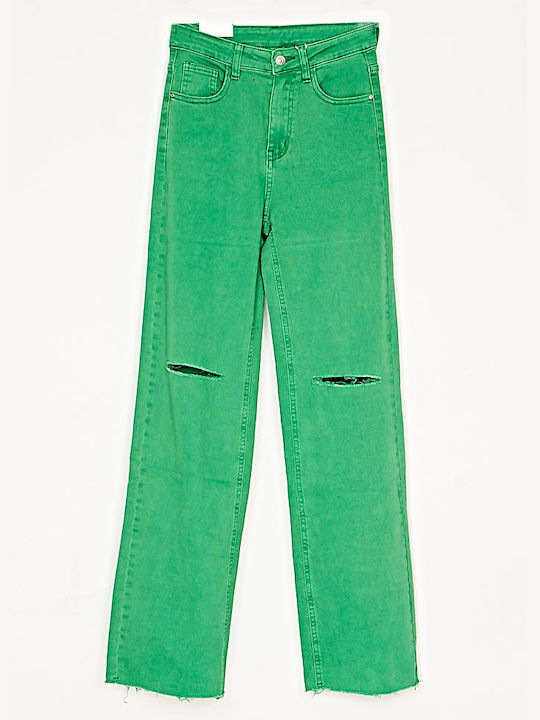 High Waist Women's Jean Trousers with Rips in Loose Fit Green
