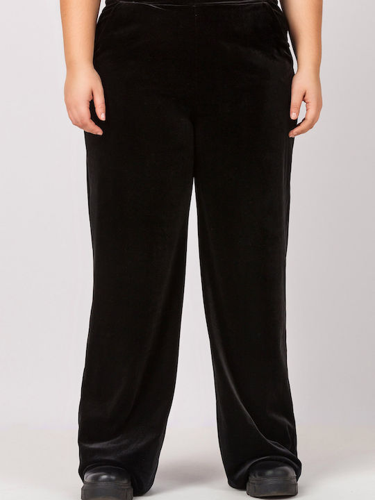 Jucita Women's High-waisted Velvet Trousers with Elastic in Straight Line Black