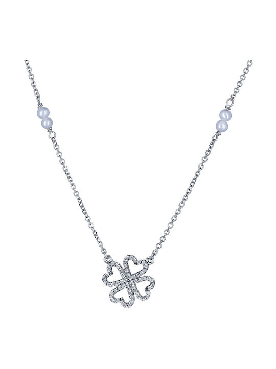 Necklace from White Gold 9 K with Pearls & Zircon