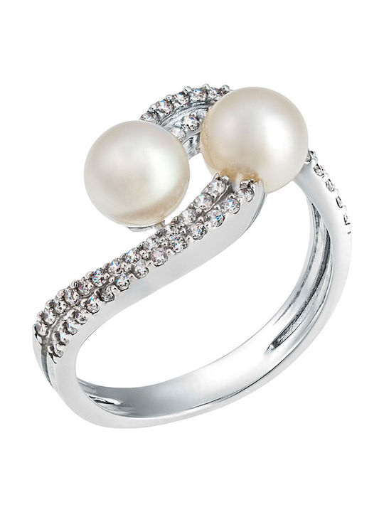 Women's White Gold Ring with Pearl & Zircon 14K