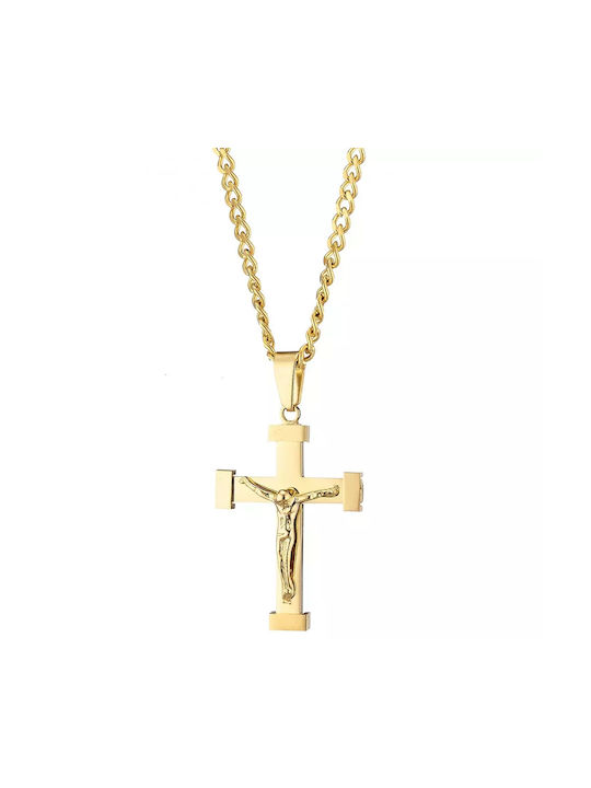 Men's Cross with the Crucified from Gold Plated Steel with Chain