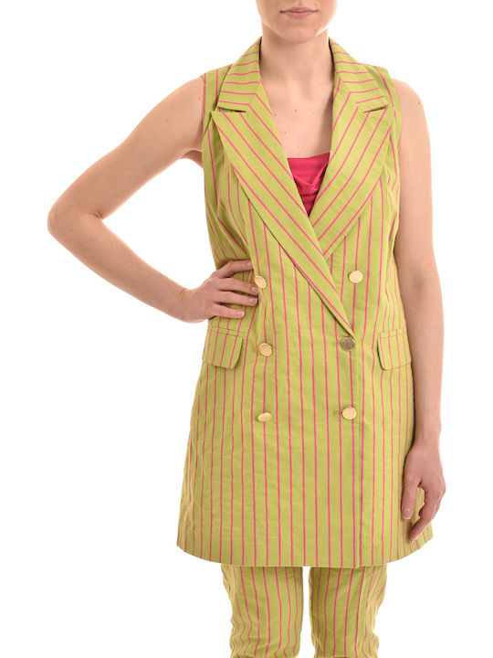 Double Breasted Sleeveless Striped Gilet-green/fuchsia Κίτρινο Γυναικείο Γιλέκο
