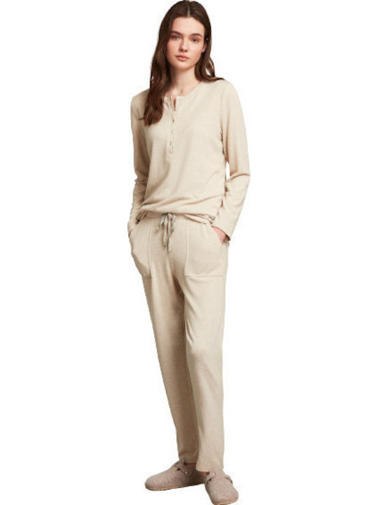 Penye Mood Winter Damen Pyjama-Set Beige