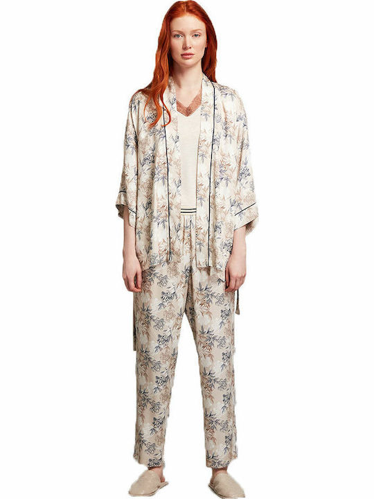 Penye Mood Winter Women's Robe with Pyjama Beige Floral
